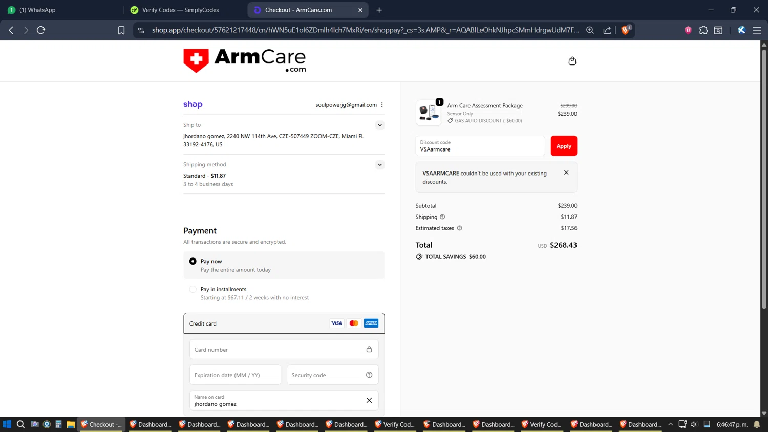 ArmCare promo code screenshot showing code VSAarmcare applied at ArmCare checkout page. Uploaded by SimplyCodes community member SimplyGOAT on Nov 30, 2025