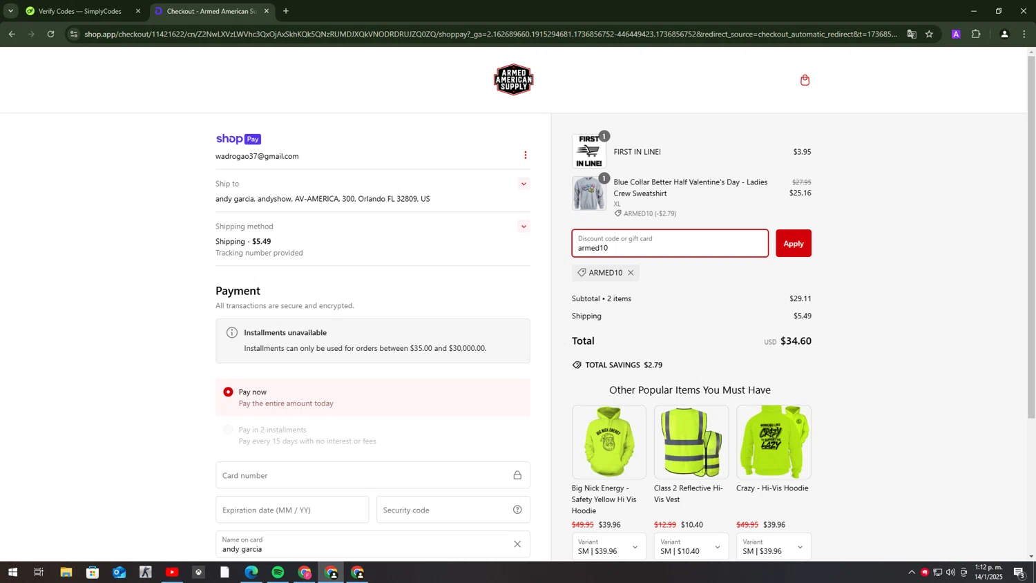 Armed American Supply promo code screenshot showing code armed10 applied at Armed American Supply checkout page. Uploaded by SimplyCodes community member ExtraordinaryExpert1730 on Jan 14, 2025