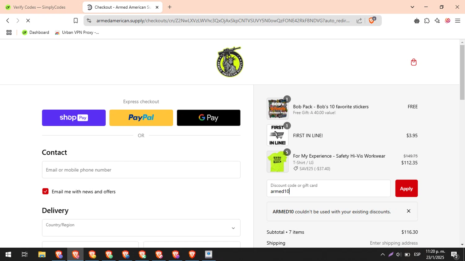 Armed American Supply promo code screenshot showing code armed10 applied at Armed American Supply checkout page. Uploaded by SimplyCodes community member pipemalkovich on Jan 24, 2025