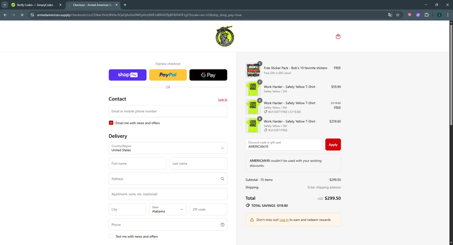 Armed American Supply promo code screenshot showing code AMERICAN10 applied at Armed American Supply checkout page. Uploaded by SimplyCodes community member ptreds on Jul 2, 2025