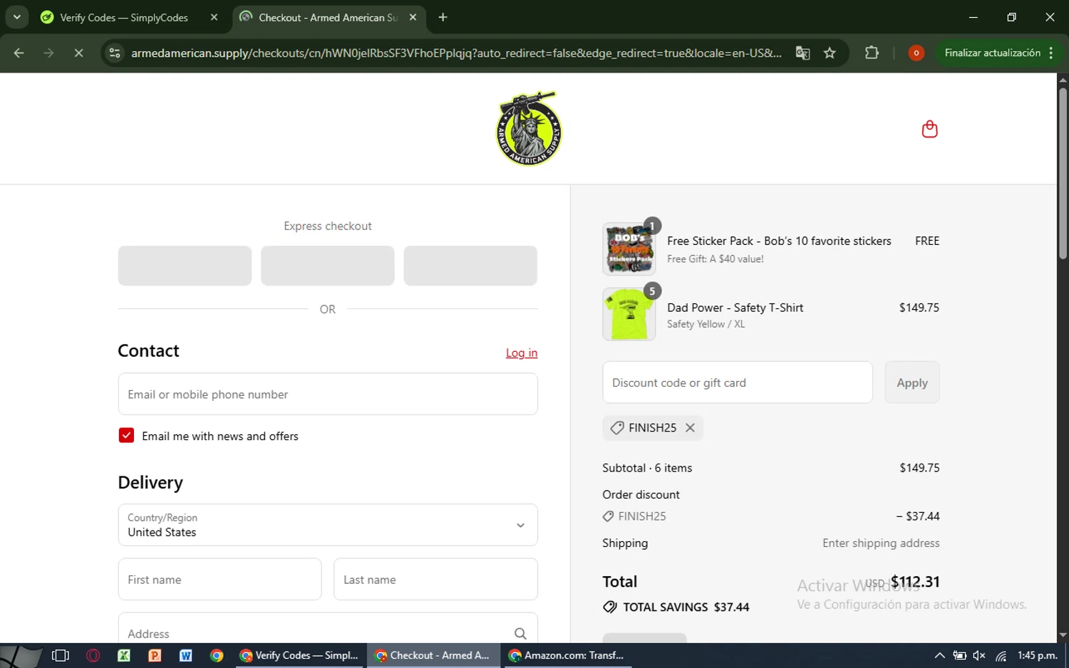 Armed American Supply promo code screenshot showing code FINISH25 applied at Armed American Supply checkout page. Uploaded by SimplyCodes community member CashAdmiral6490 on Jul 17, 2025