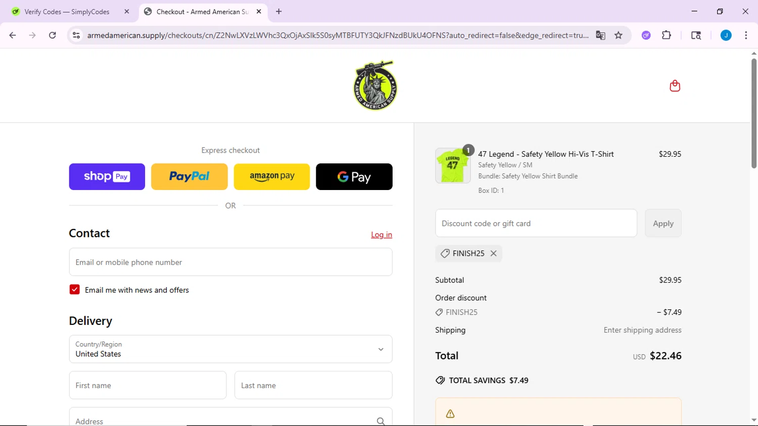 Armed American Supply promo code screenshot showing code FINISH25 applied at Armed American Supply checkout page. Uploaded by SimplyCodes community member CodeLynx3161 on Jun 21, 2025