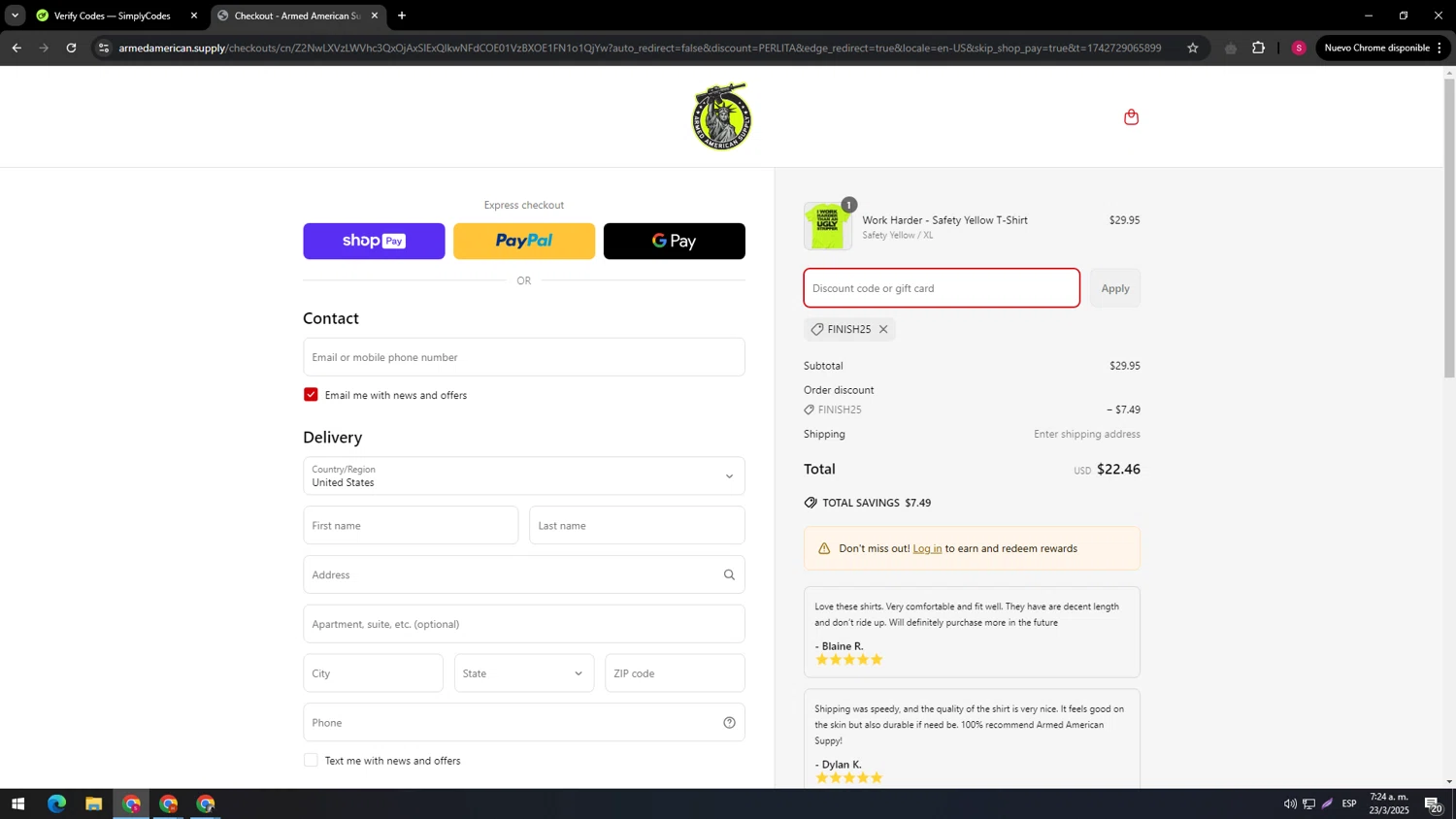 Armed American Supply promo code screenshot showing code FINISH25 applied at Armed American Supply checkout page. Uploaded by SimplyCodes community member SIMPLYCODESSSS on Mar 23, 2025
