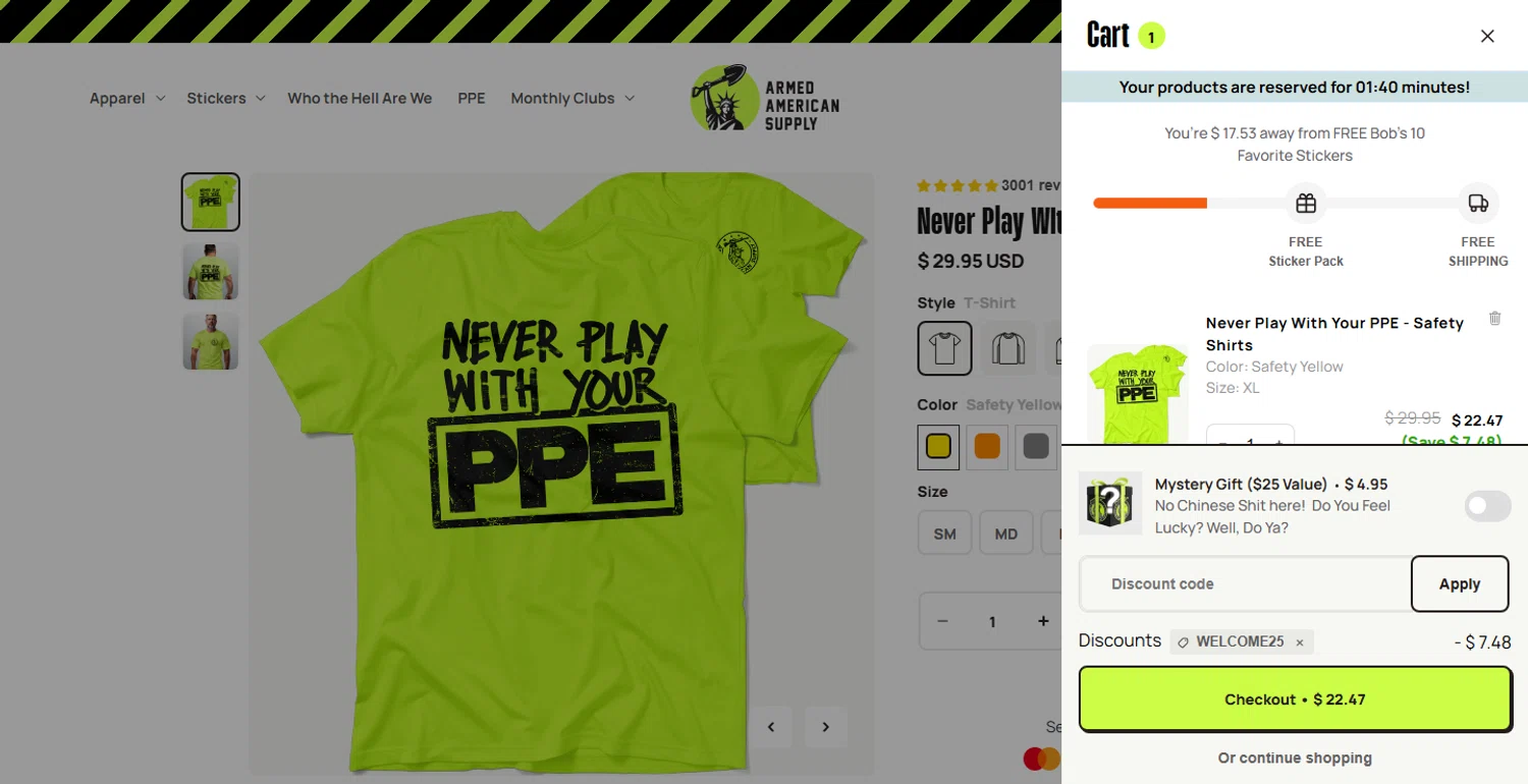 Armed American Supply promo code screenshot showing code WELCOME25 applied at Armed American Supply checkout page. Uploaded by SimplyCodes community member MarcosTorresVzla on Jun 24, 2025