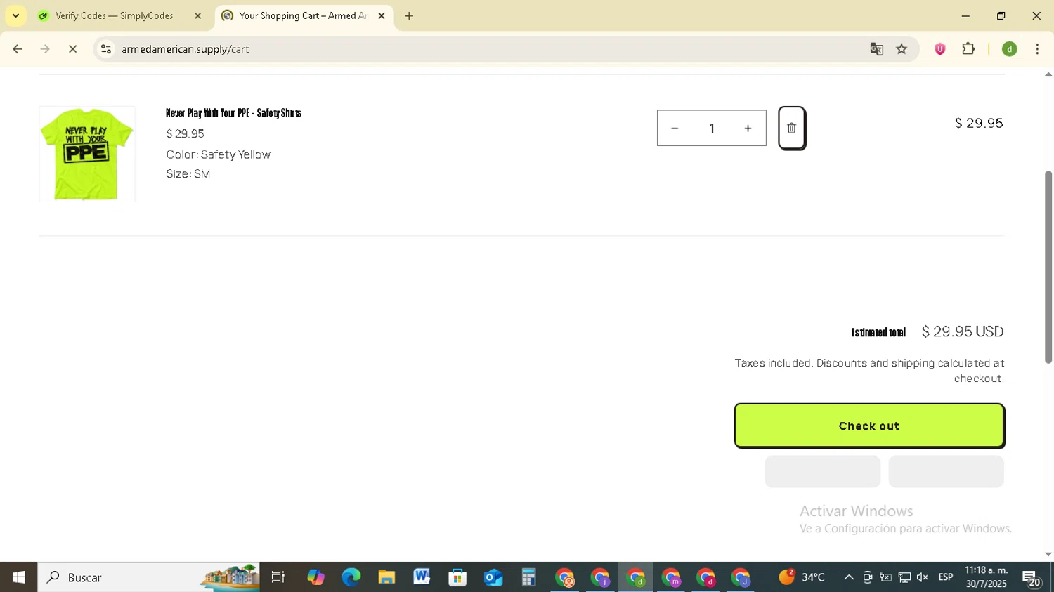 Armed American Supply promo code screenshot showing code WELCOME25 applied at Armed American Supply checkout page. Uploaded by SimplyCodes community member SavingsSentinel833 on Jul 30, 2025