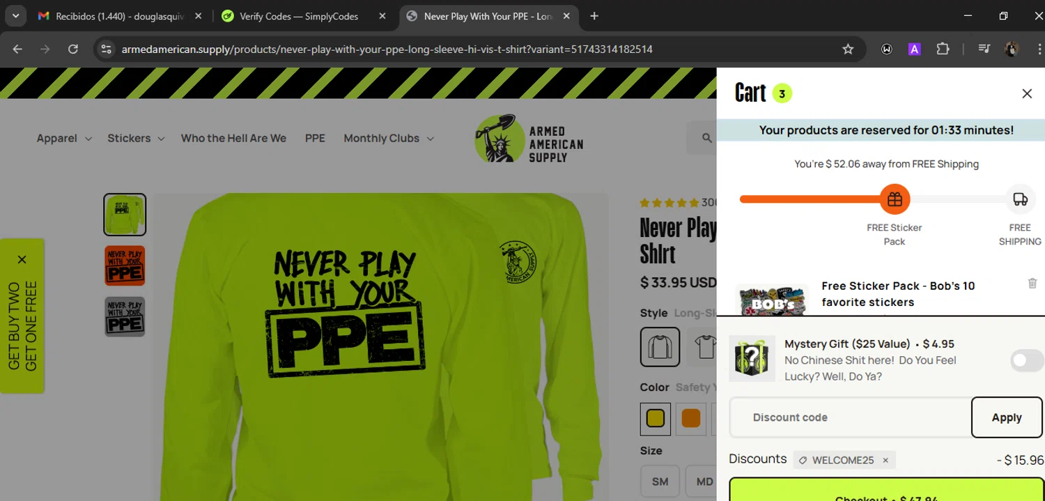 Armed American Supply promo code screenshot showing code WELCOME25 applied at Armed American Supply checkout page. Uploaded by SimplyCodes community member WiseLegend5590 on Jul 30, 2025