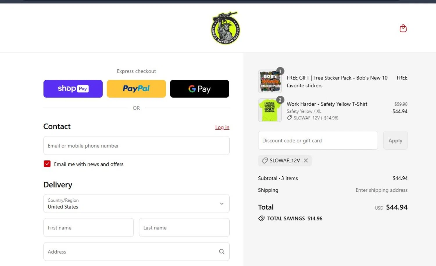 Armed American Supply promo code screenshot showing code SLOWAF_12V applied at Armed American Supply checkout page. Uploaded by SimplyCodes community member angelfigueroa2008 on Aug 22, 2025
