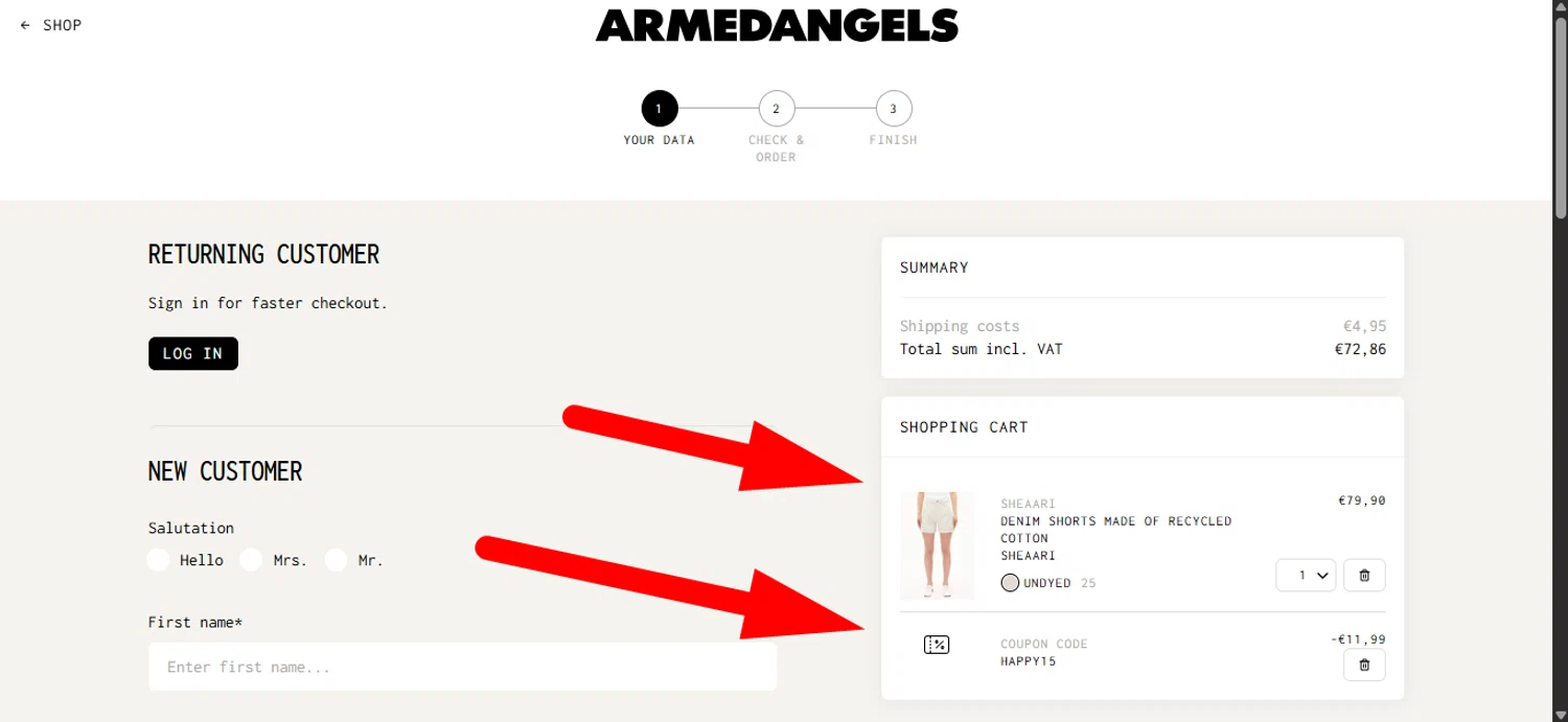 ARMEDANGELS promo code screenshot showing code HAPPY15 applied at ARMEDANGELS checkout page. Uploaded by SimplyCodes community member _____________________________ on Jun 24, 2025