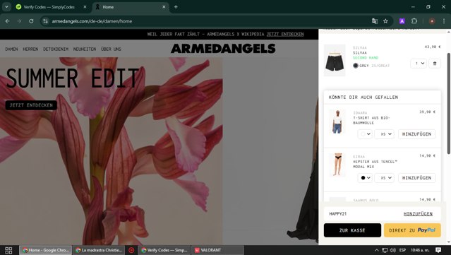 ARMEDANGELS checkout page showing ARMEDANGELS promo code box | Screenshot taken by SimplyCodes community member on May 26, 2025