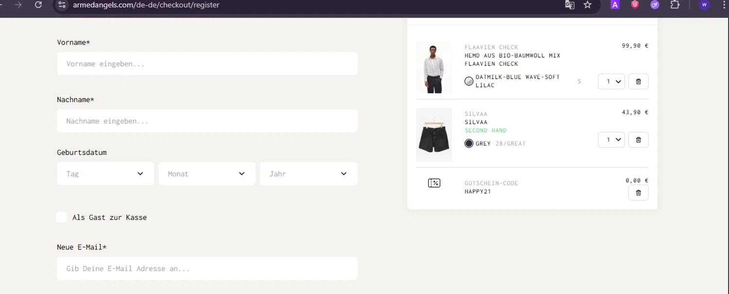 ARMEDANGELS promo code screenshot showing code HAPPY21 applied at ARMEDANGELS checkout page. Uploaded by SimplyCodes community member ValiantRanger5812 on Jun 9, 2025