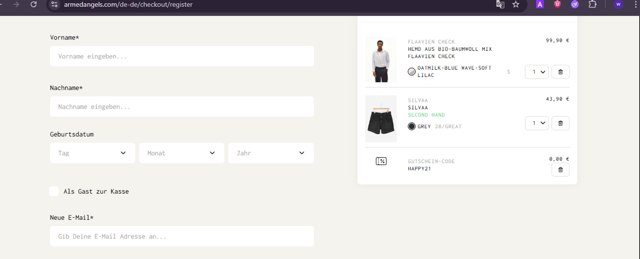ARMEDANGELS checkout page showing ARMEDANGELS promo code box | Screenshot taken by SimplyCodes community member on Jun 9, 2025