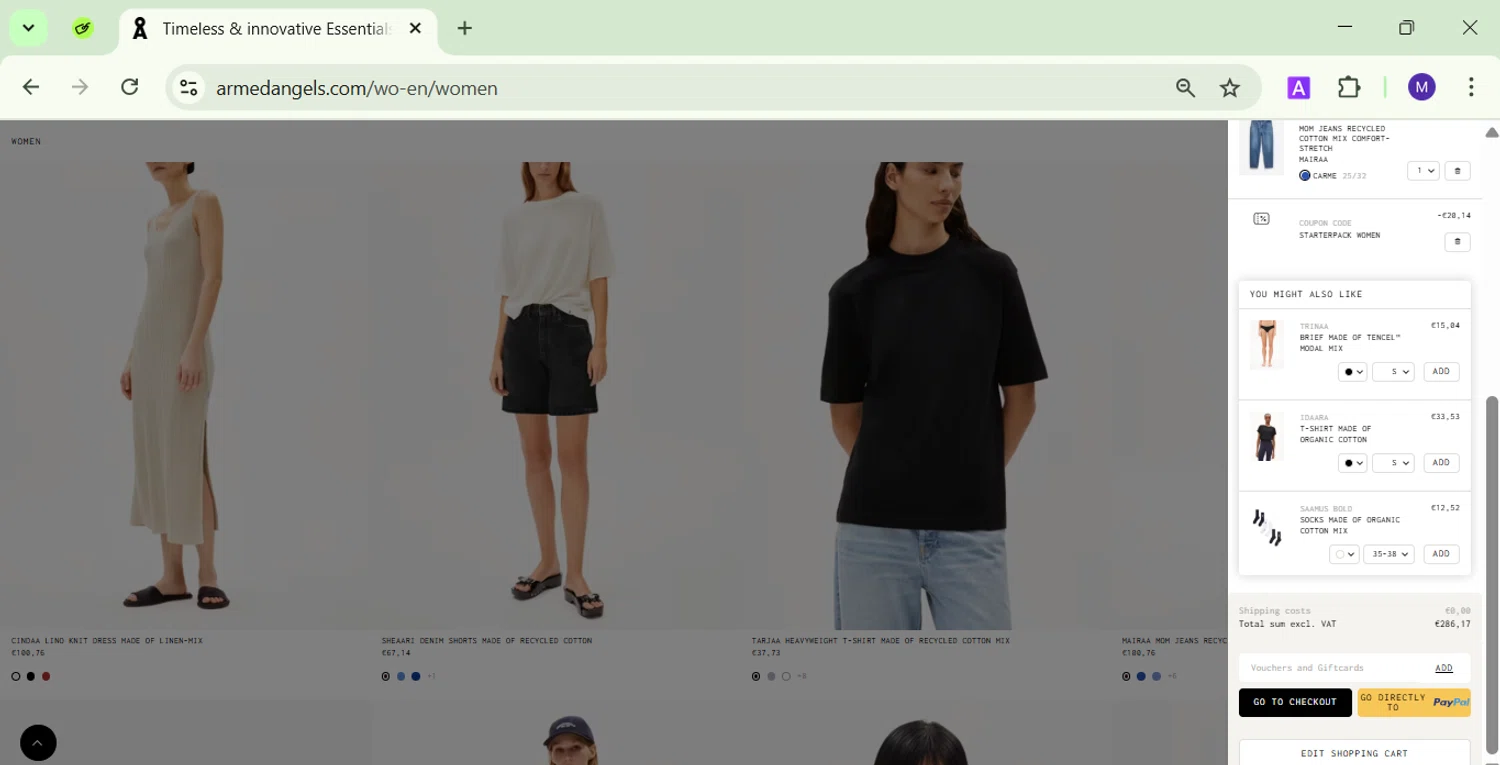 ARMEDANGELS promo code screenshot showing code HAPPY21 applied at ARMEDANGELS checkout page. Uploaded by SimplyCodes community member CodeVirtuoso1353 on Apr 28, 2025