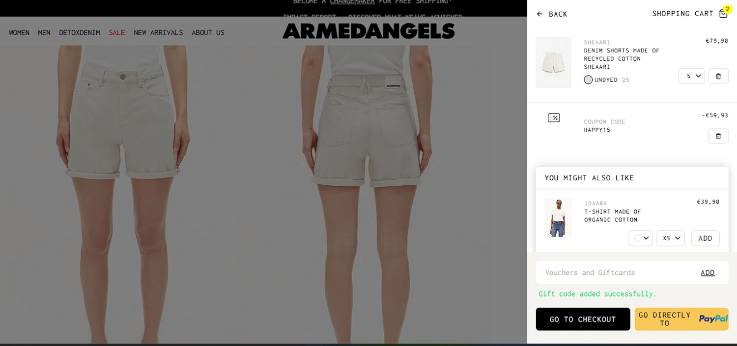ARMEDANGELS promo code screenshot showing code HAPPY15 applied at ARMEDANGELS checkout page. Uploaded by SimplyCodes community member larenacida on Jun 24, 2025
