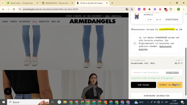 ARMEDANGELS checkout page showing ARMEDANGELS promo code box | Screenshot taken by SimplyCodes community member on Jul 22, 2025