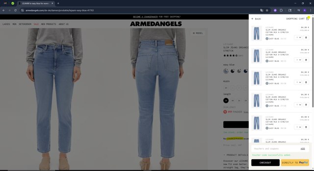 ARMEDANGELS checkout page showing ARMEDANGELS promo code box | Screenshot taken by SimplyCodes community member on Jul 25, 2025