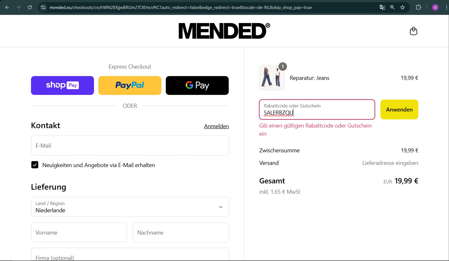 ARMEDANGELS promo code screenshot showing code SALERBZQU applied at ARMEDANGELS checkout page. Uploaded by SimplyCodes community member sakisaki on Aug 23, 2025