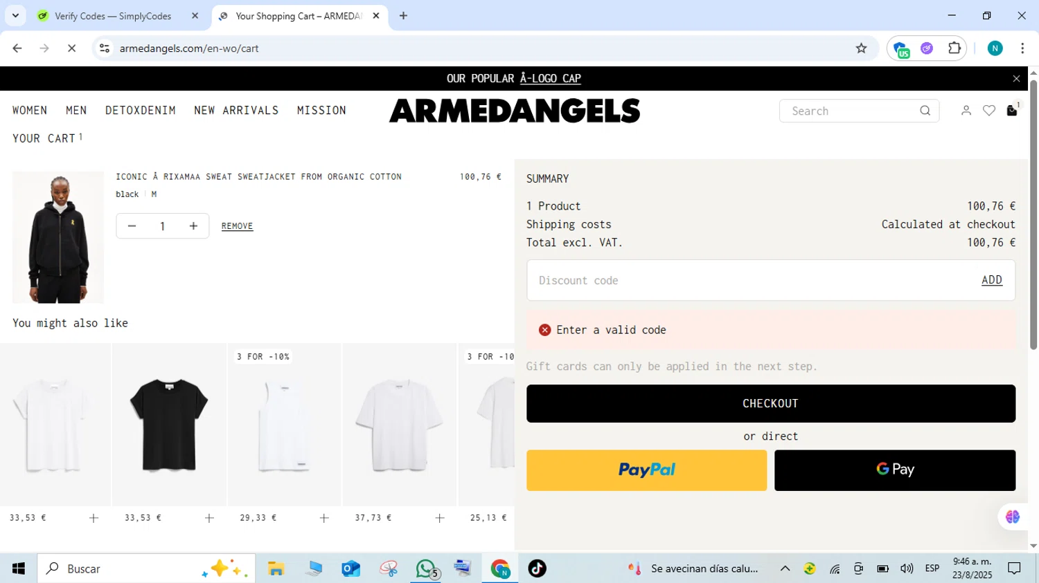 ARMEDANGELS promo code screenshot showing code SALEZEKZS applied at ARMEDANGELS checkout page. Uploaded by SimplyCodes community member FortunateEagle7007 on Aug 23, 2025