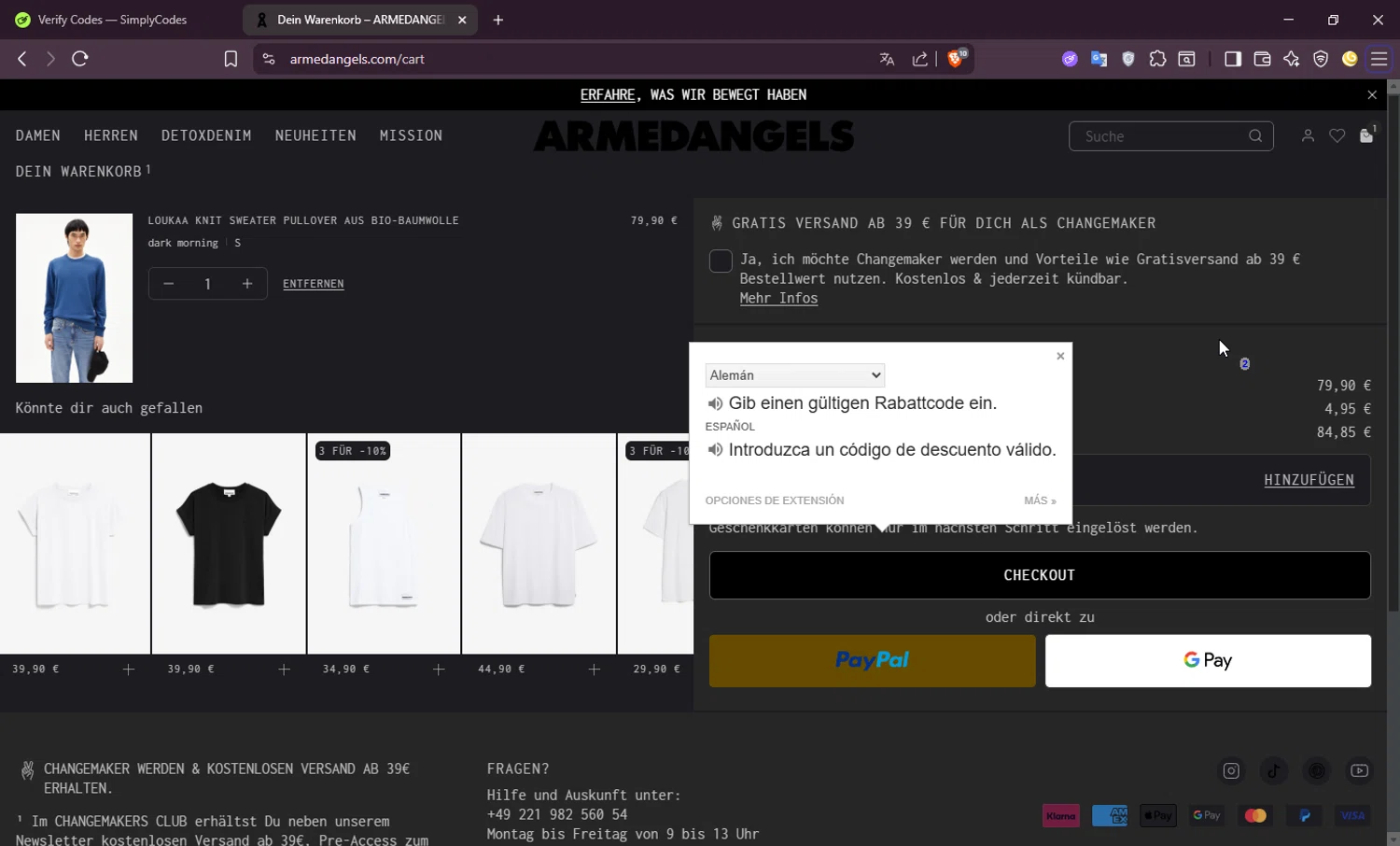 ARMEDANGELS promo code screenshot showing code SALEZEKZS applied at ARMEDANGELS checkout page. Uploaded by SimplyCodes community member Jisus007 on Aug 23, 2025