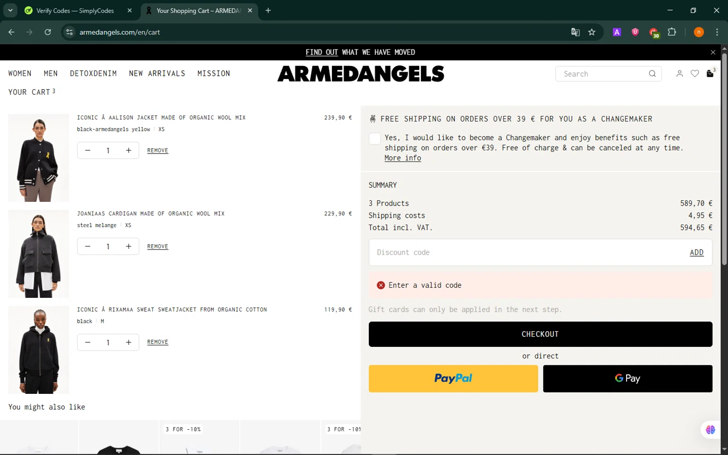 ARMEDANGELS promo code screenshot showing code SALEZEKZS applied at ARMEDANGELS checkout page. Uploaded by SimplyCodes community member NobleScholar188 on Aug 23, 2025