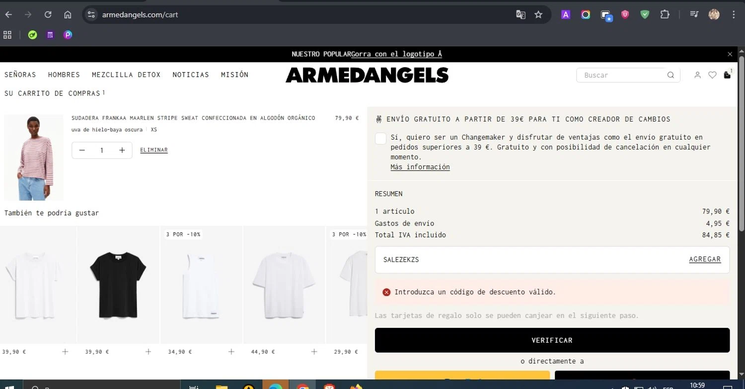 ARMEDANGELS promo code screenshot showing code SALEZEKZS applied at ARMEDANGELS checkout page. Uploaded by SimplyCodes community member ROCKSORD_2 on Aug 23, 2025