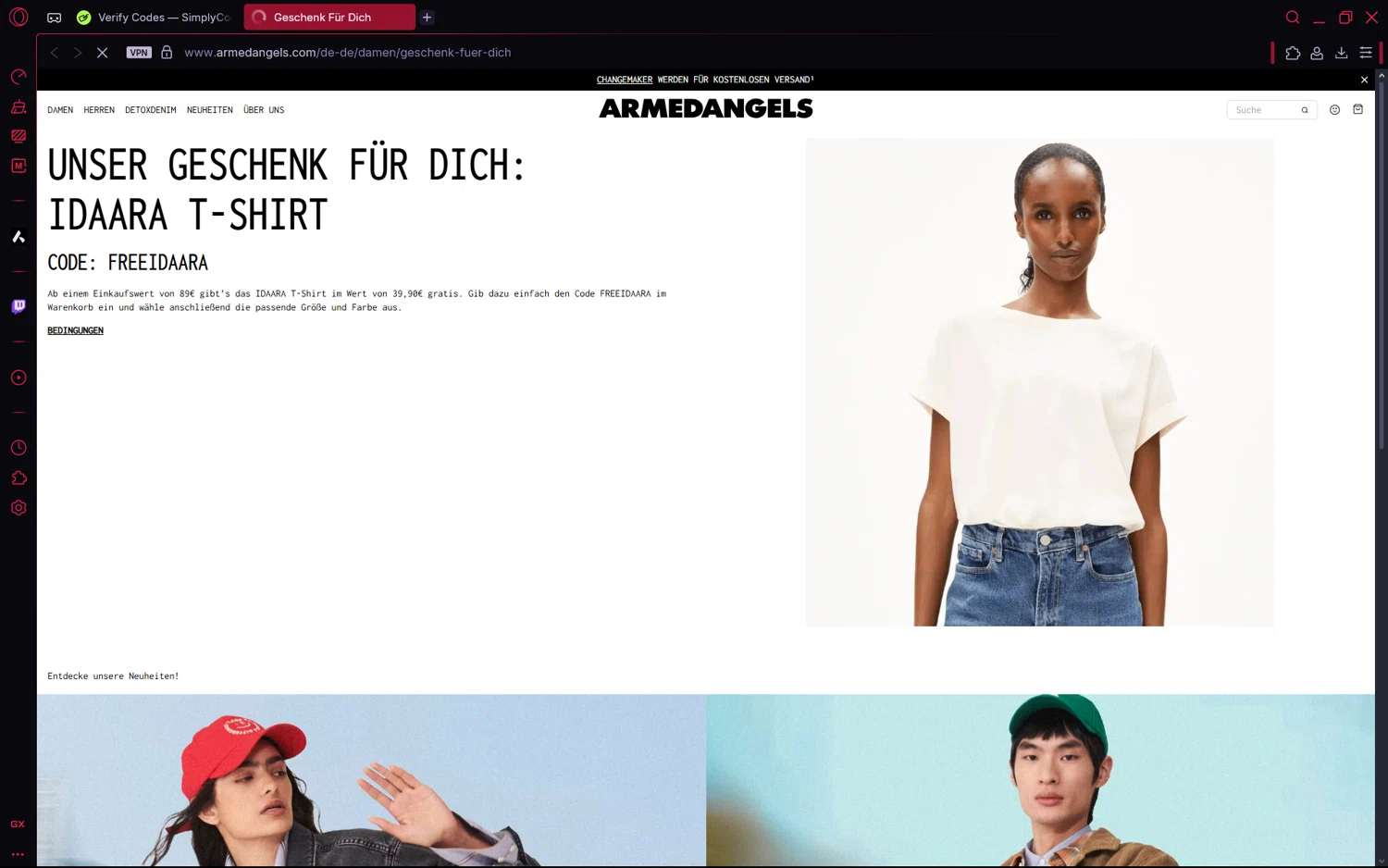ARMEDANGELS promo code screenshot showing code FREEIDAARA applied at ARMEDANGELS checkout page. Uploaded by SimplyCodes community member frijolito on Aug 10, 2025