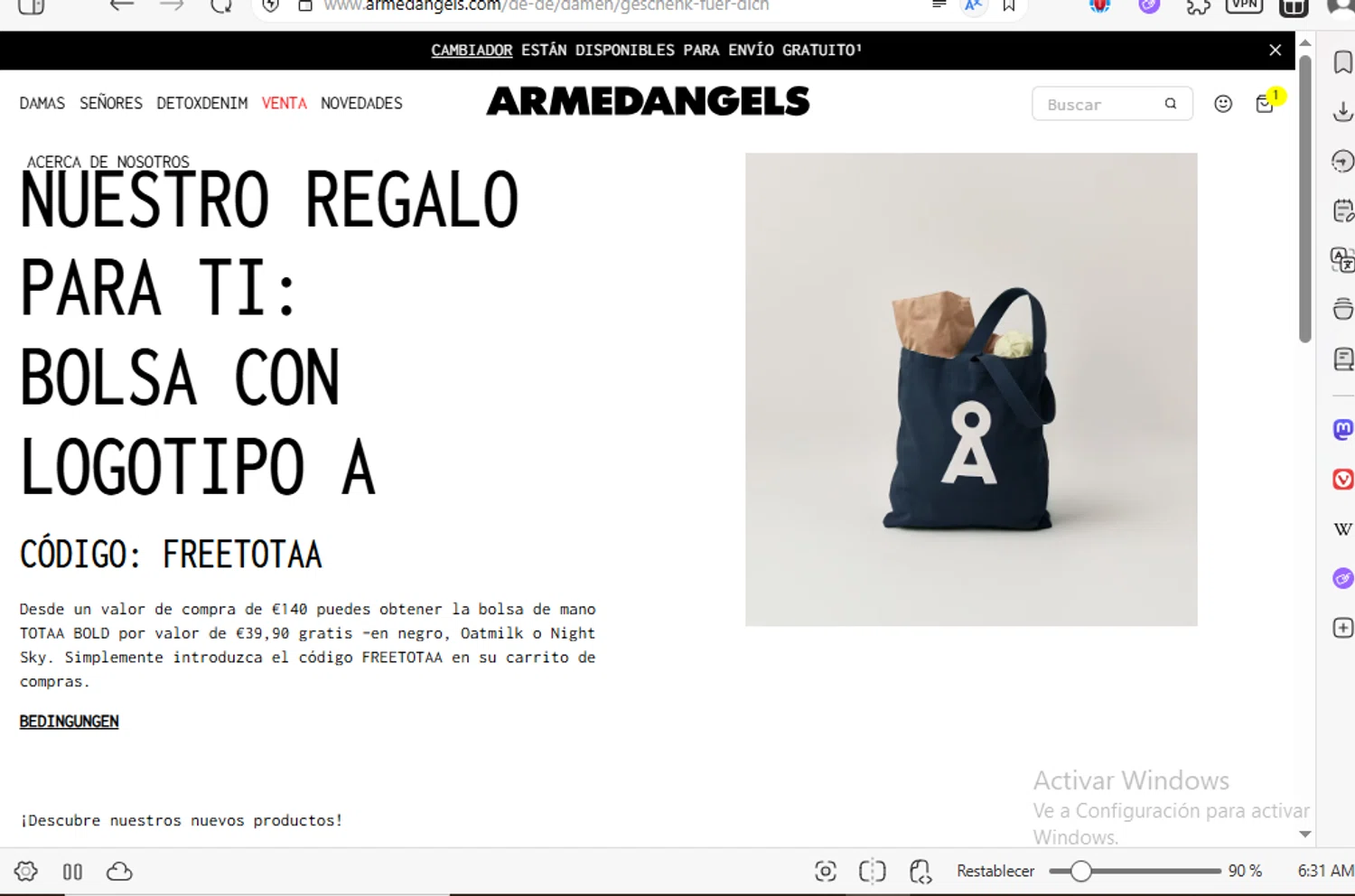 ARMEDANGELS promo code screenshot showing code FREETOTAA applied at ARMEDANGELS checkout page. Uploaded by SimplyCodes community member luissilva2 on Jul 20, 2025
