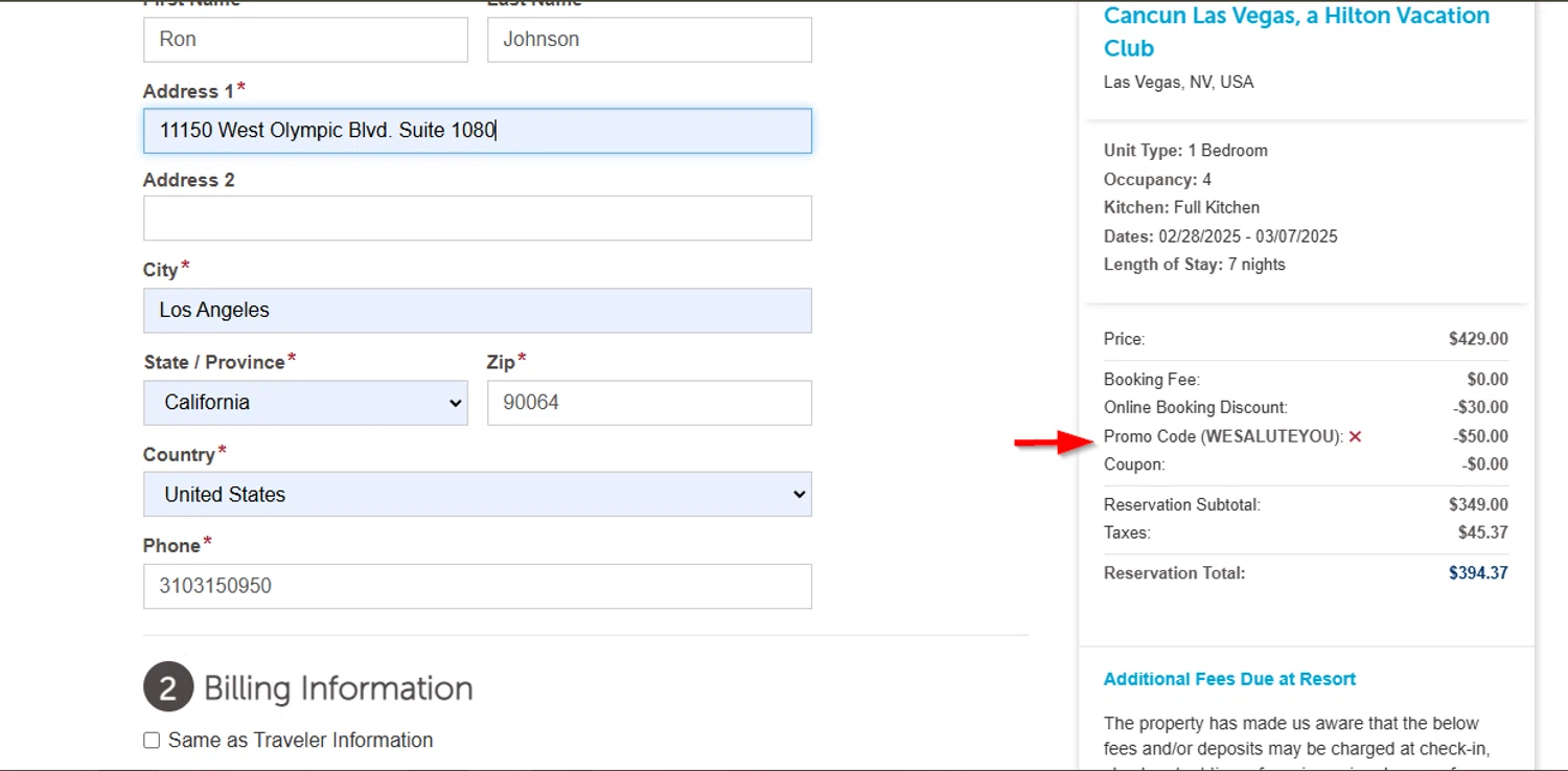 Armed Forces Vacation Club promo code screenshot showing code WESALUTEYOU applied at Armed Forces Vacation Club checkout page. Uploaded by SimplyCodes community member SimplyCVerlie on Feb 23, 2025
