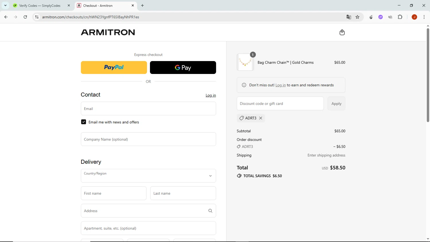Armitron discount code screenshot showing code ADRT3 applied at Armitron checkout page. Uploaded by SimplyCodes community member NobleMaven802 on Aug 21, 2025