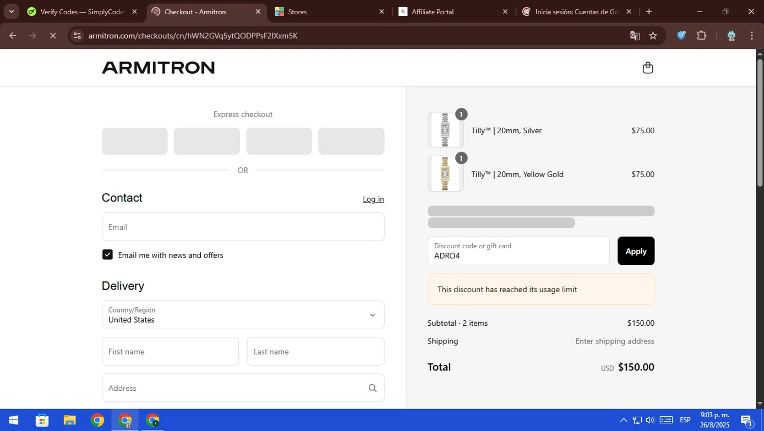 Armitron discount code screenshot showing code ADRO4 applied at Armitron checkout page. Uploaded by SimplyCodes community member ScanFalcon6148 on Aug 27, 2025