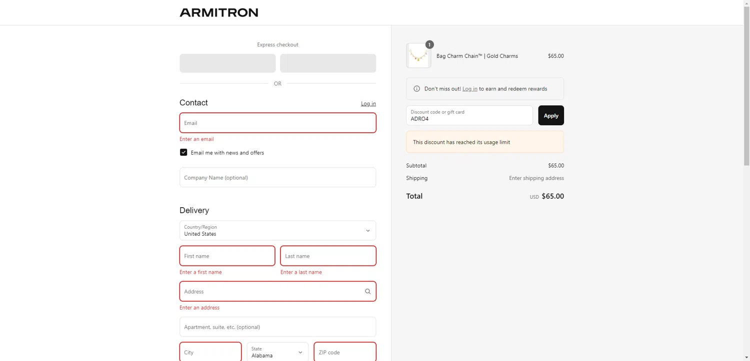 Armitron discount code screenshot showing code ADRO4 applied at Armitron checkout page. Uploaded by SimplyCodes community member SilverChaser3269 on Aug 27, 2025