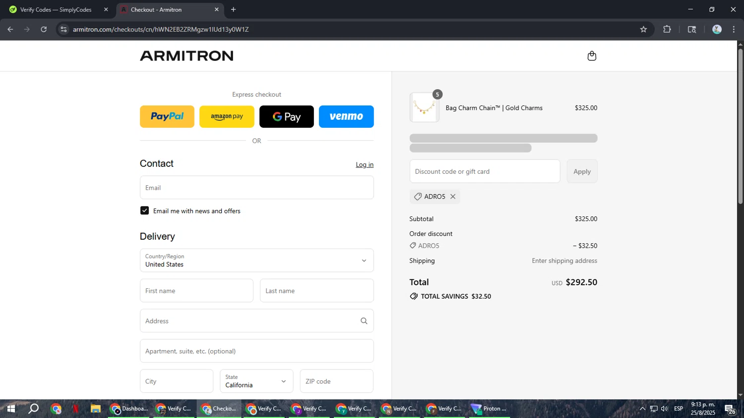 Armitron discount code screenshot showing code ADRO5 applied at Armitron checkout page. Uploaded by SimplyCodes community member ShrewdSeeker6165 on Aug 26, 2025