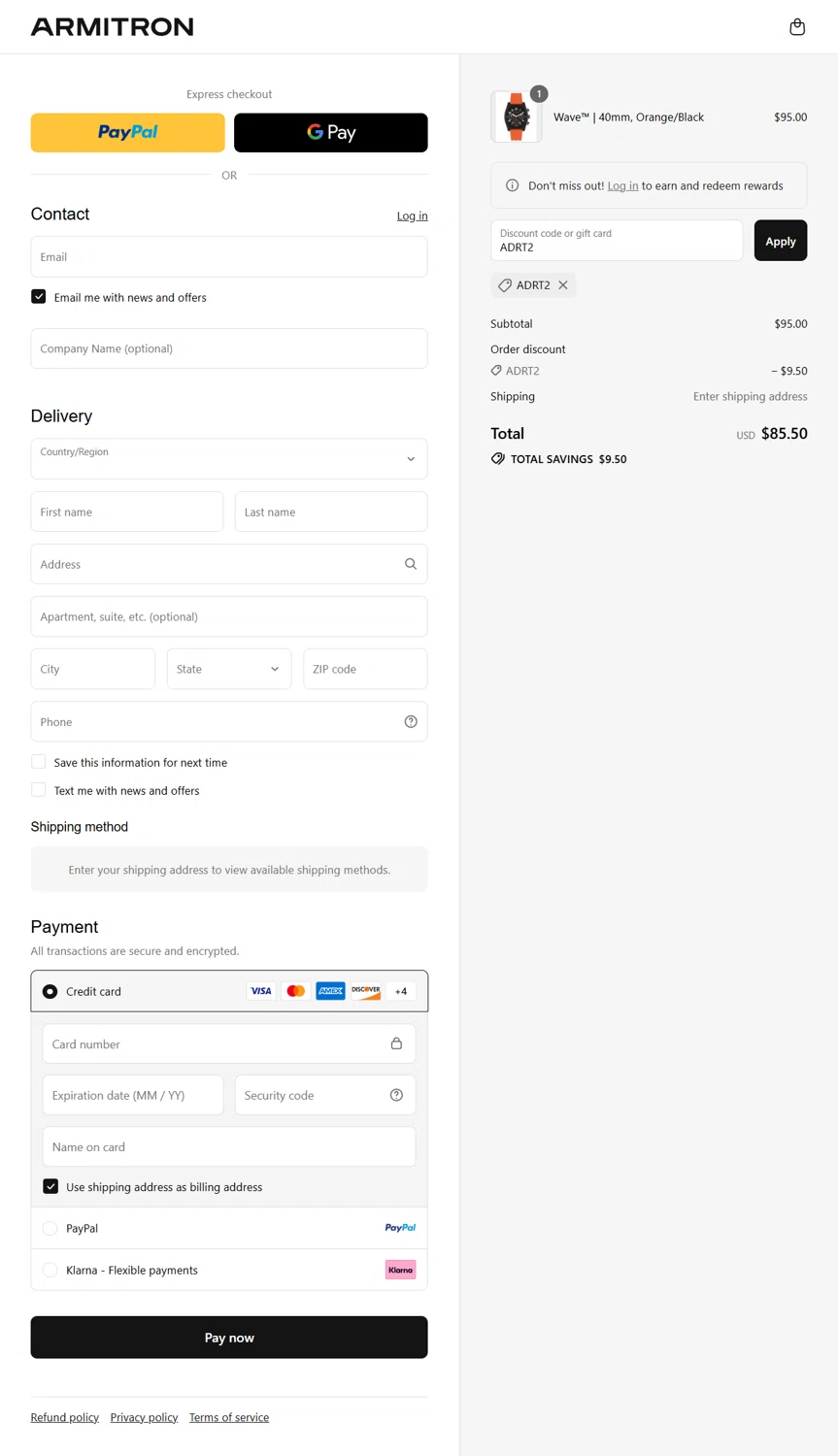 Armitron discount code screenshot showing code ADRT2 applied at Armitron checkout page. Uploaded by SimplyCodes community member Rossimar on Aug 21, 2025