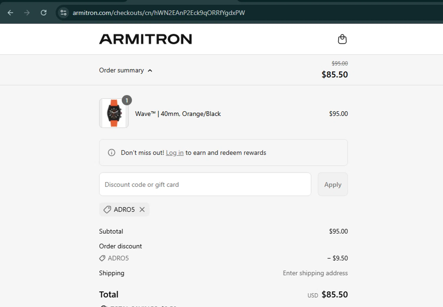 Armitron discount code screenshot showing code ADRO5 applied at Armitron checkout page. Uploaded by SimplyCodes community member SmartMaestro6853 on Aug 26, 2025