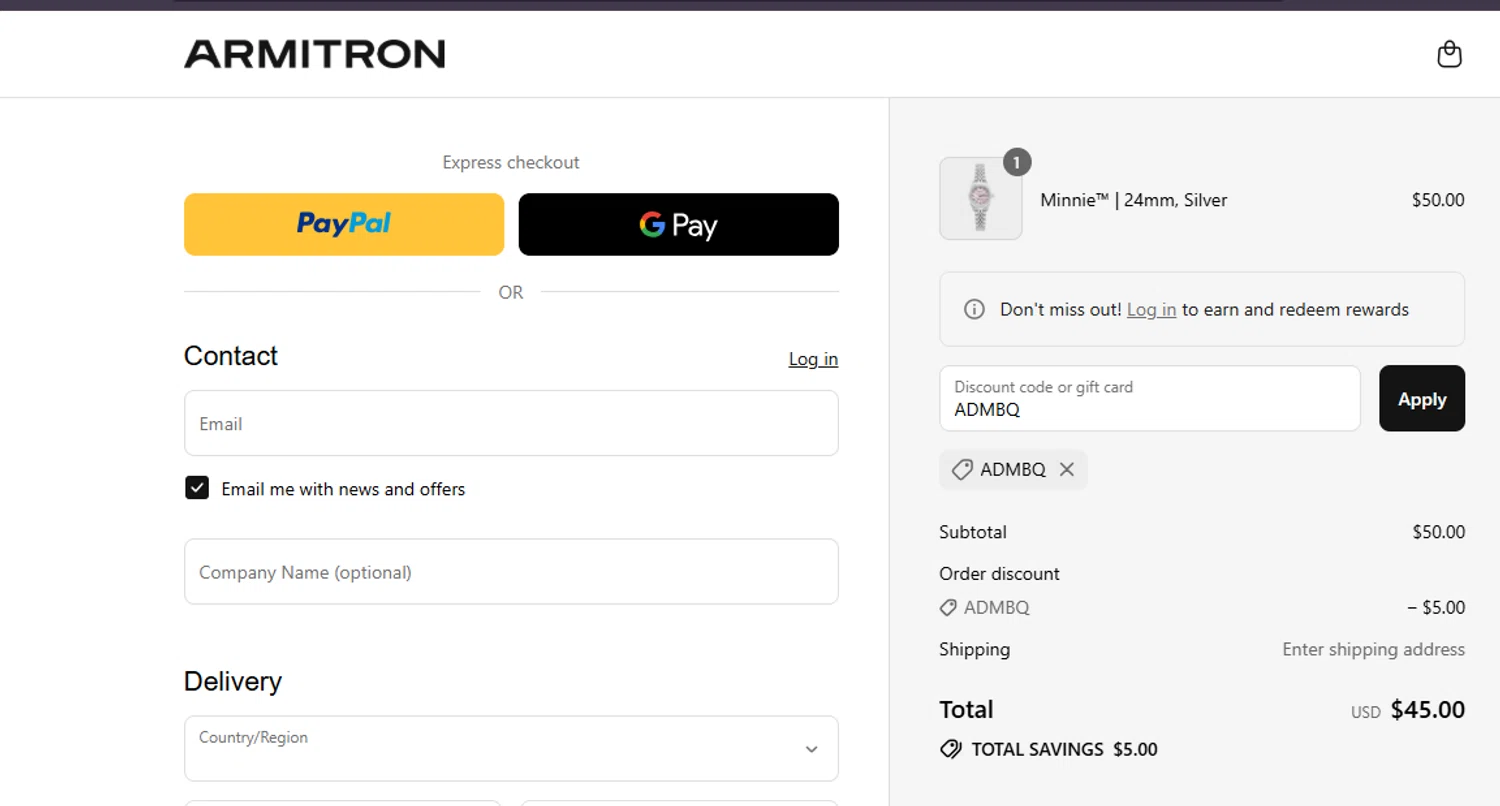 Armitron discount code screenshot showing code ADMBQ applied at Armitron checkout page. Uploaded by SimplyCodes community member ashe1986 on Aug 25, 2025