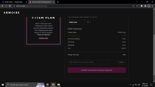Armoire checkout page showing Armoire promo code box | Screenshot taken by SimplyCodes community member on Dec 1, 2022