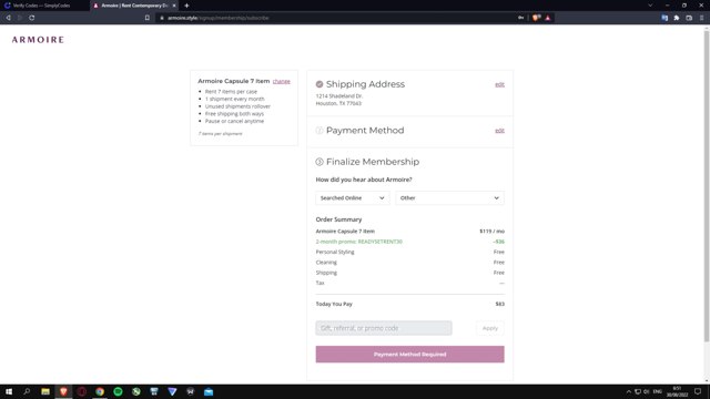 Armoire checkout page showing Armoire promo code box | Screenshot taken by SimplyCodes community member on Aug 30, 2022