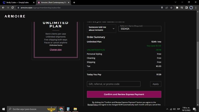 Armoire checkout page showing Armoire promo code box | Screenshot taken by SimplyCodes community member on Dec 19, 2022