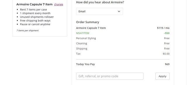 Armoire checkout page showing Armoire promo code box | Screenshot taken by SimplyCodes community member on Mar 28, 2022