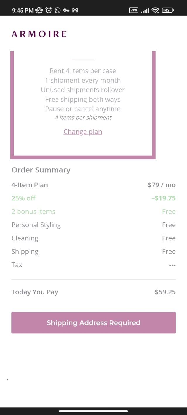 Armoire checkout page showing Armoire promo code box | Screenshot taken by SimplyCodes community member on Nov 19, 2022