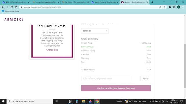 Armoire checkout page showing Armoire promo code box | Screenshot taken by SimplyCodes community member on Nov 20, 2022