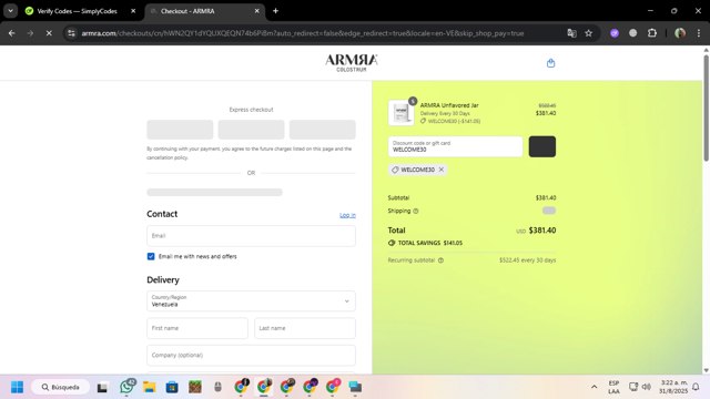 ARMRA checkout page showing ARMRA discount code box | Screenshot taken by SimplyCodes community member on Aug 31, 2025