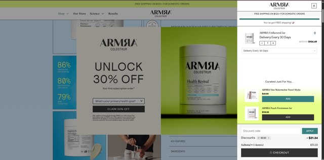 ARMRA checkout page showing ARMRA discount code box | Screenshot taken by SimplyCodes community member on Aug 31, 2025