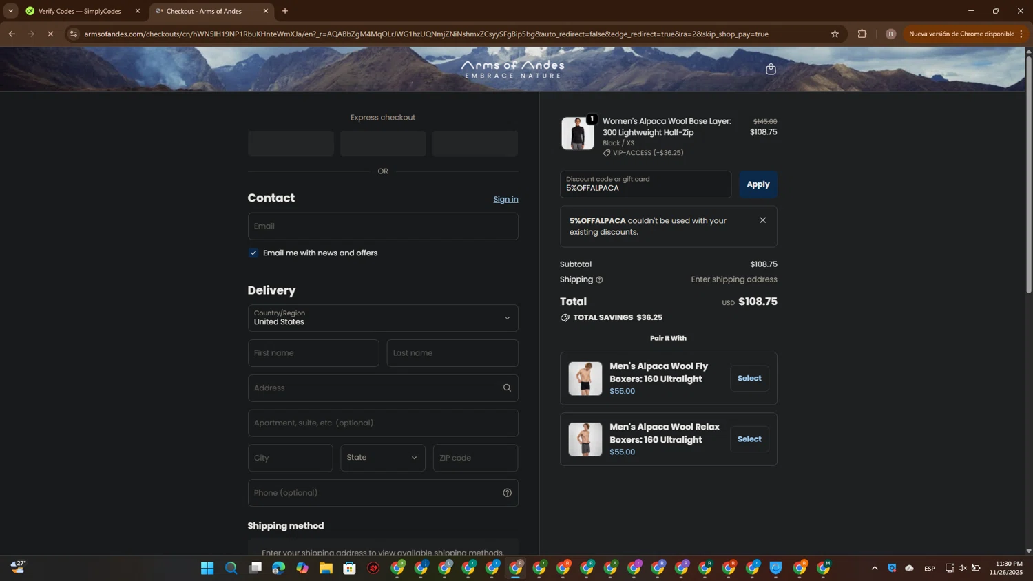 Arms of Andes discount code screenshot showing code 5%OFFALPACA applied at Arms of Andes checkout page. Uploaded by SimplyCodes community member CashScout2884 on Nov 27, 2025