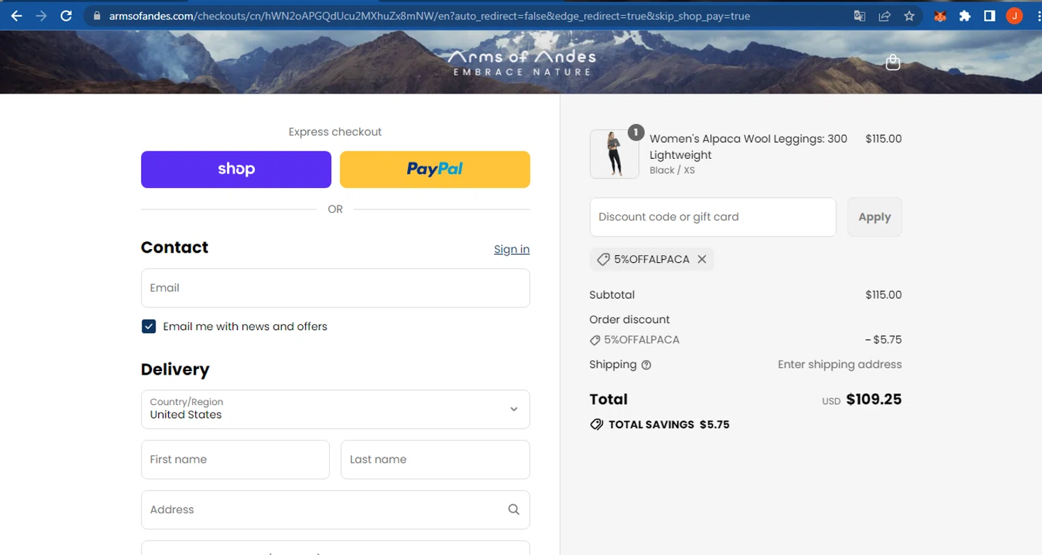 Arms of Andes discount code screenshot showing code 5%OFFALPACA applied at Arms of Andes checkout page. Uploaded by SimplyCodes community member FranquizJoel on Sep 10, 2025