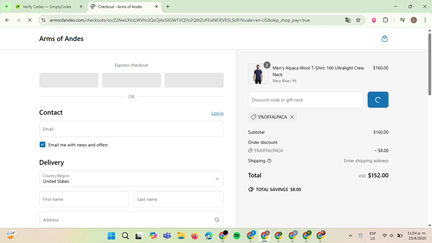 Arms of Andes discount code screenshot showing code 5%OFFALPACA applied at Arms of Andes checkout page. Uploaded by SimplyCodes community member NobleExpert6497 on Jun 24, 2025