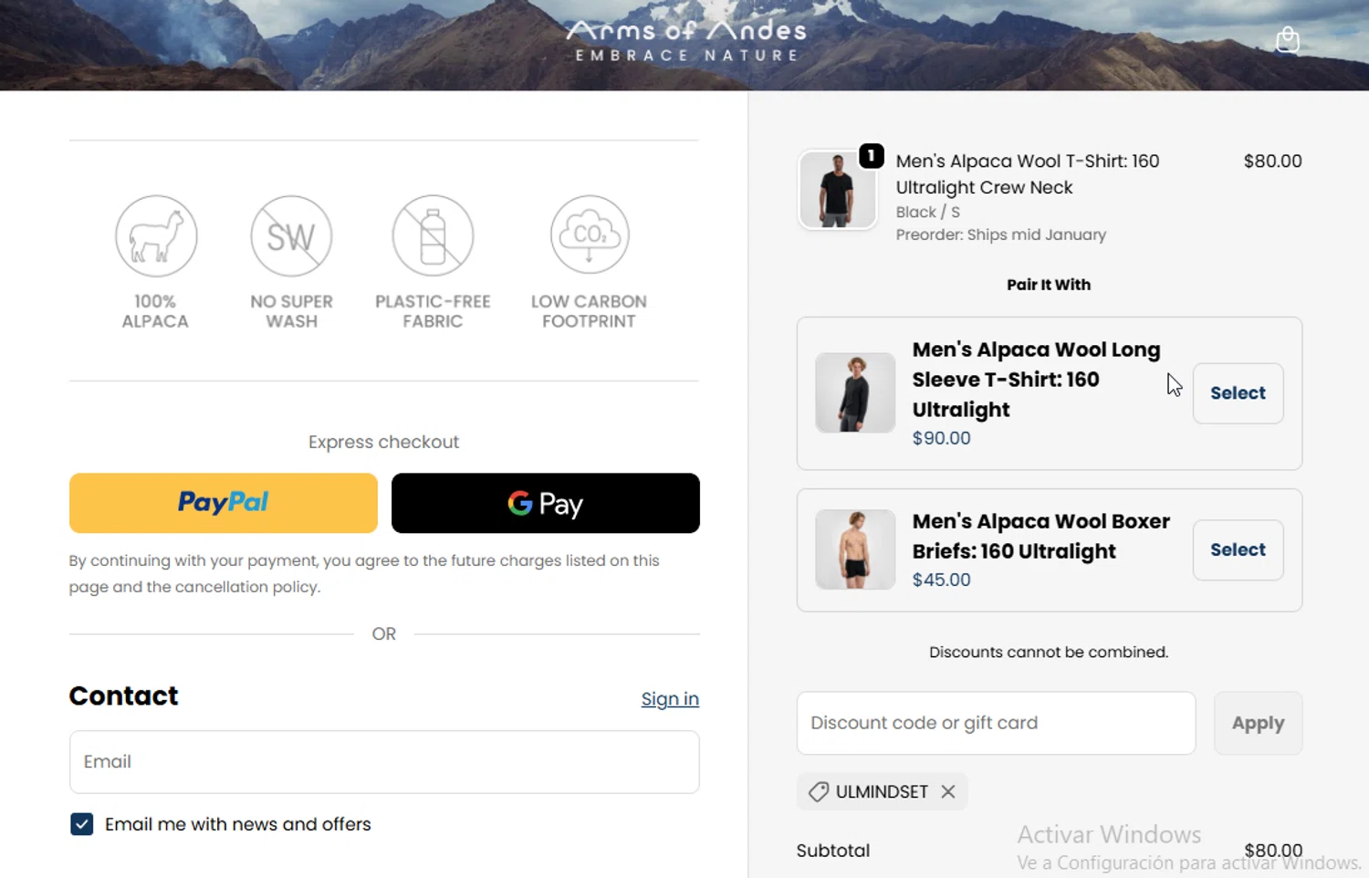 Arms of Andes discount code screenshot showing code ULMINDSET applied at Arms of Andes checkout page. Uploaded by SimplyCodes community member BudgetGuardian5712 on Dec 30, 2025