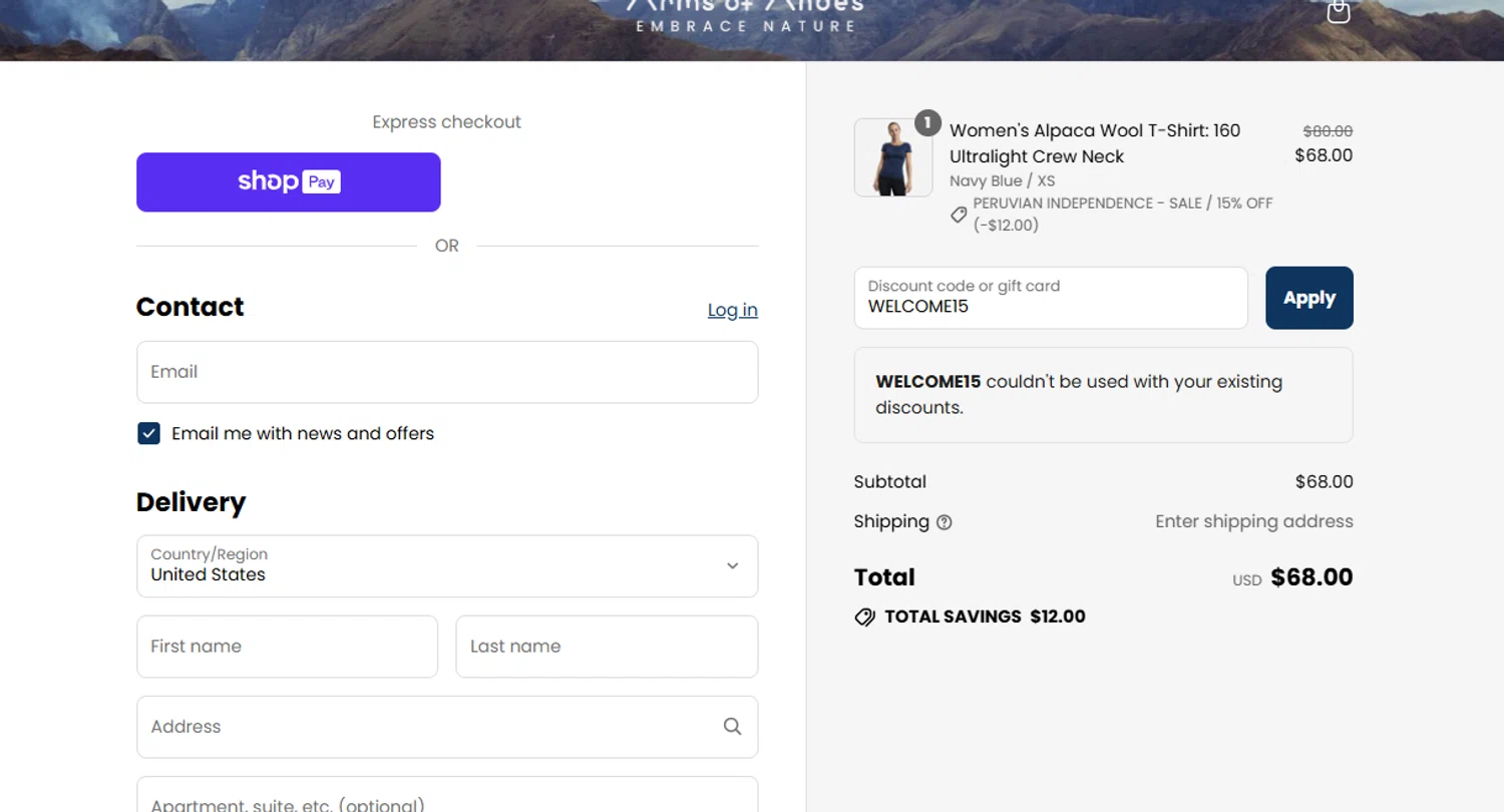 Arms of Andes discount code screenshot showing code WELCOME15 applied at Arms of Andes checkout page. Uploaded by SimplyCodes community member Francisco on Jul 29, 2025