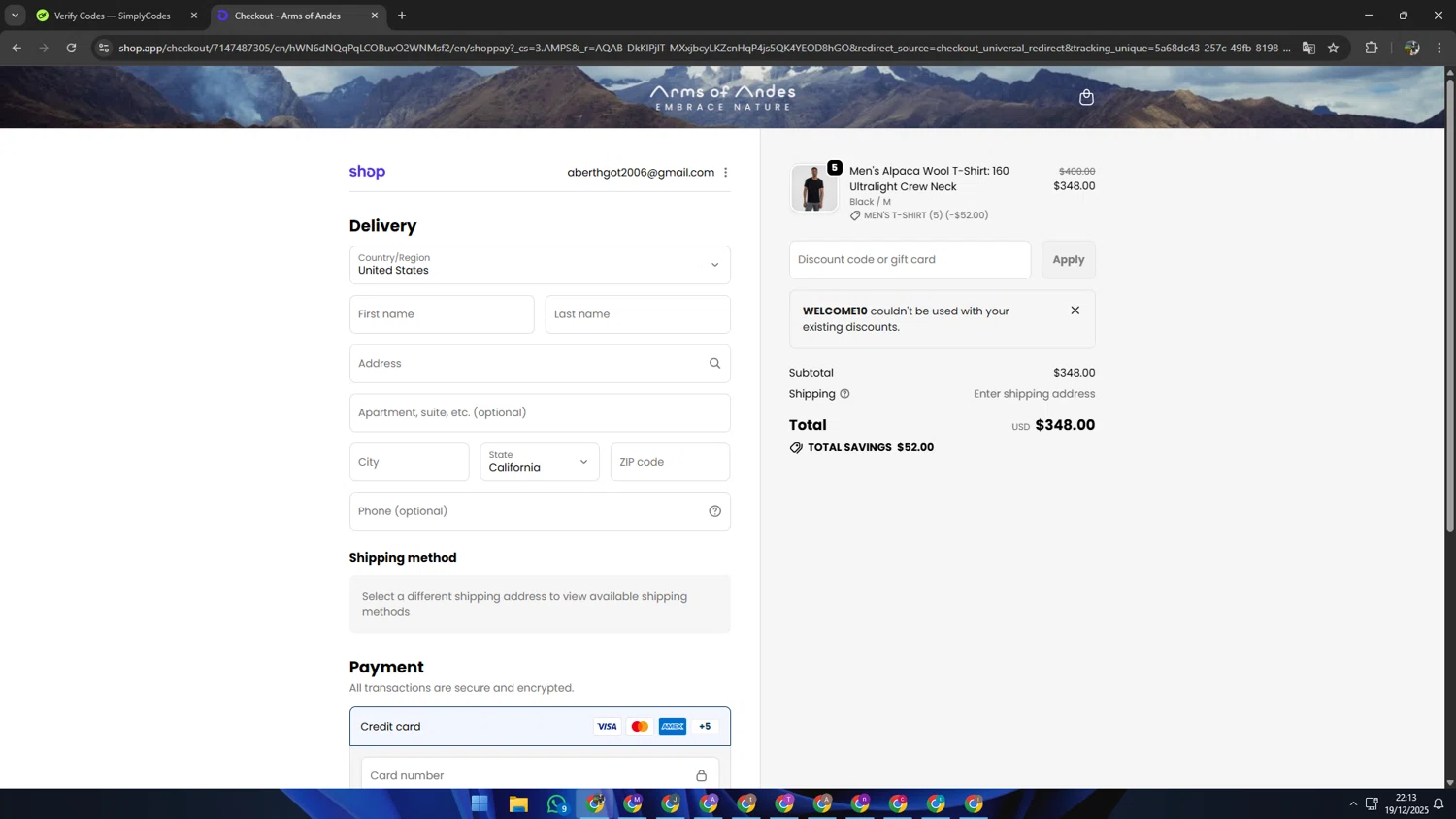 Arms of Andes discount code screenshot showing code WELCOME10 applied at Arms of Andes checkout page. Uploaded by SimplyCodes community member SAIKOO on Dec 20, 2025