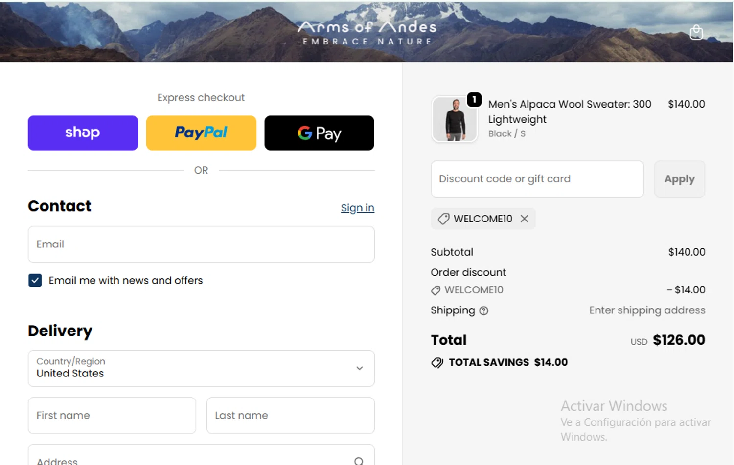 Arms of Andes discount code screenshot showing code WELCOME10 applied at Arms of Andes checkout page. Uploaded by SimplyCodes community member delvisgomez on Nov 16, 2025