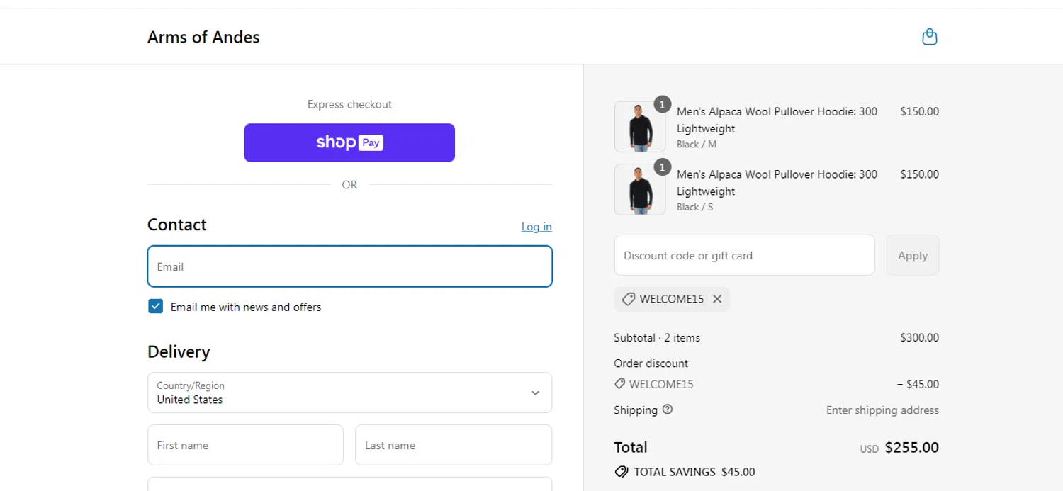 Arms of Andes discount code screenshot showing code WELCOME15 applied at Arms of Andes checkout page. Uploaded by SimplyCodes community member obito1234 on Jul 17, 2025